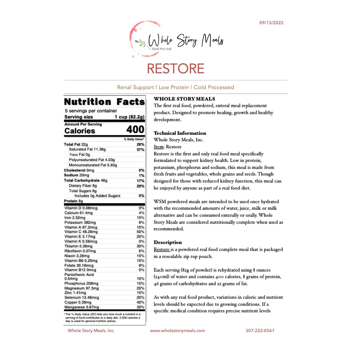 FOOD, POWDERED RESTORE RENAL SUPPORT 16OZ (30/CS)