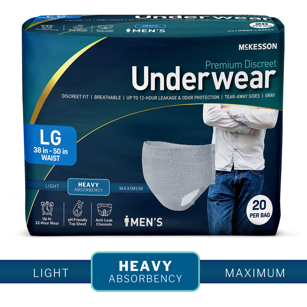 UNDERWEAR, INCONT HEAVY DISP GRY LG 38-50" (20/BG 4BG/CS)