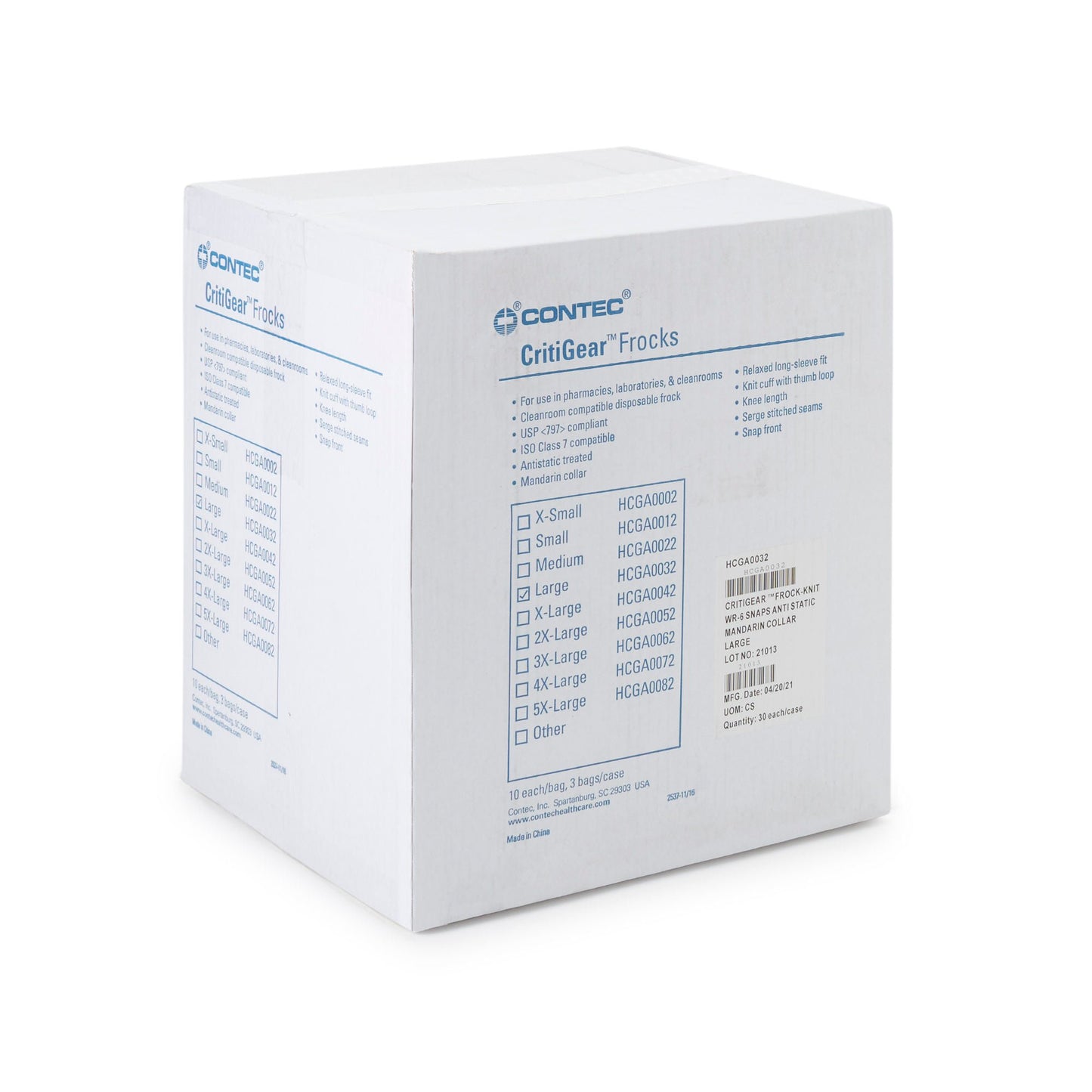 FROCK, CLEANROOM W/THUMB LOOP LG (10/BG 3BG/CS)